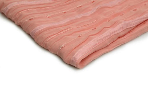 tkanina szyfon yoryo z tasiemką w kolorze łososiowym