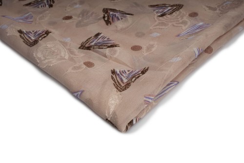 tkanina szyfon drukowany brudny beż w brązowo fioletowe trójkąty
