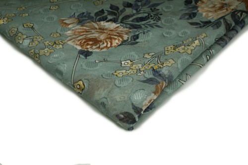 tkanina szyfon drukowany turkus w złote kwiaty i male żółte stokrotki