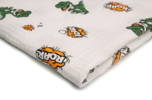 Musselin mit Aufdruck, T-Rex Grün