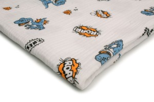 Musselin mit Aufdruck, T-Rex Blau