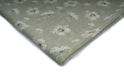 tkanina szyfon drukowany jasna oliwka w kwiatki w kolorze ecru