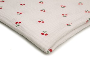 Musselin mit Aufdruck, Kirschen auf Weiß