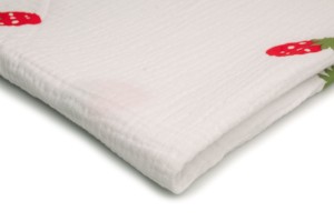 Musselin mit Aufdruck, Erdbeeren auf Weiß