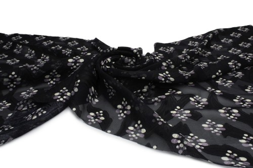 tkanina szyfon drukowany czarny w fioletowo białe kropki