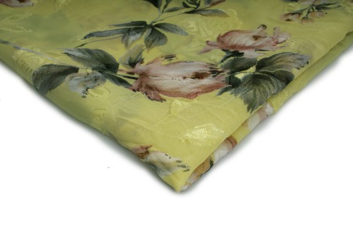 tkanina szyfon drukowany żółty w pudrowe róże